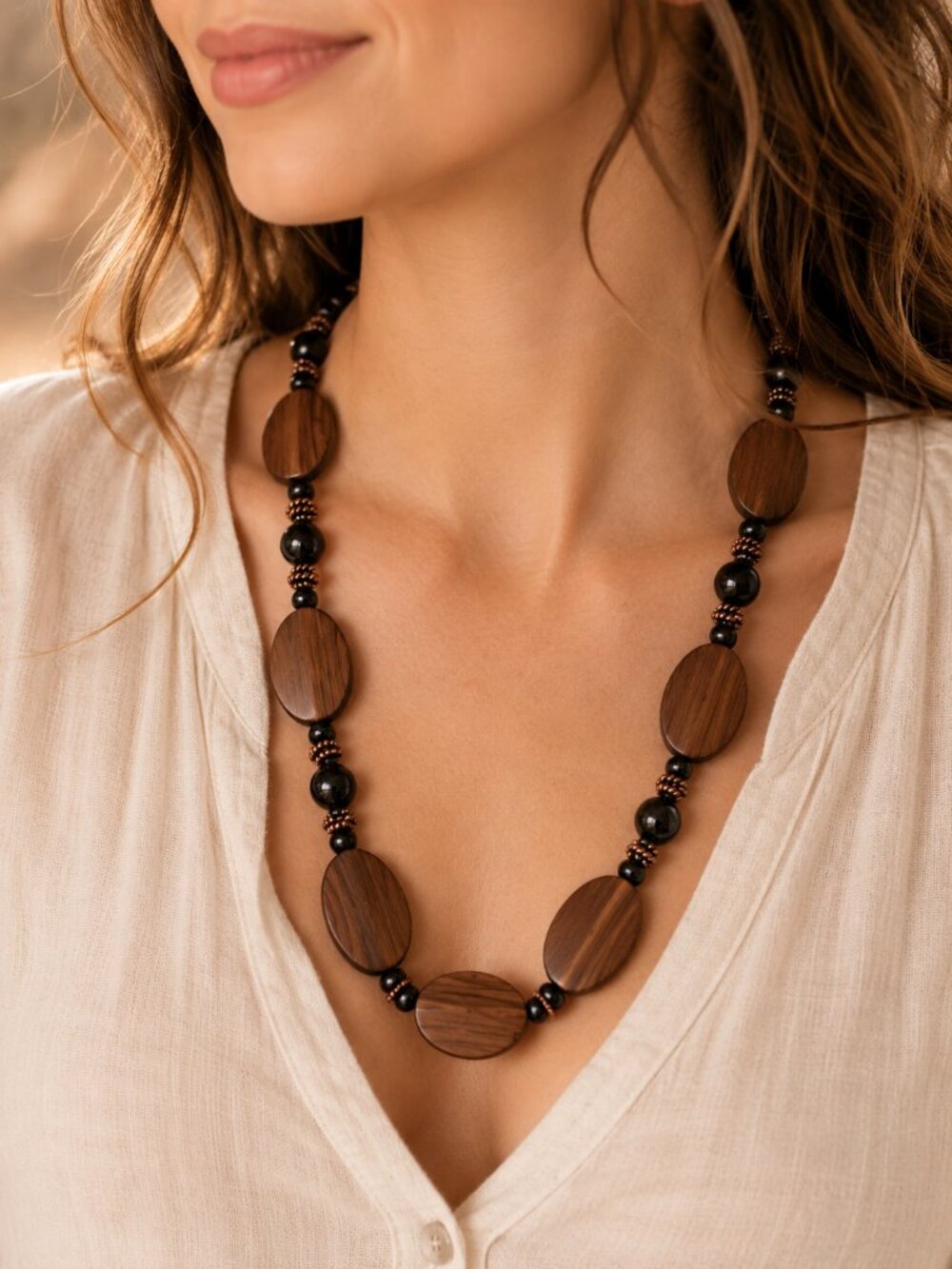 Artisan Wood Disc Bead Necklace Black Glass Copper Boho Statement 24"